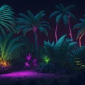 Neon Futuristic Modern Fresh Summer Night Club Beach Sand And Ocean Tropical Palm Plant Podium Stage Dance Party Lights Royalty Free Stock Photo