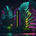 Neon Futuristic Modern Fresh Summer Night Club Mood Tropical Palm Plant Podium Stage Dance Party Lights Generative Ai Illustration Royalty Free Stock Photo