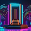 Neon Futuristic Modern Fresh Summer Night Club Mood Tropical Palm Plant Podium Stage Dance Party Lights Generative Ai Illustration Royalty Free Stock Photo