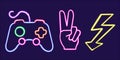 neon games glowing desktop icon, neon game joystick sticker, neon rocket figure, glowing arrows figure, neon geometrical