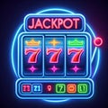 Neon gaming slot machine 777. Design lettering Jackpot. Generated AI Royalty Free Stock Photo