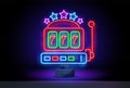 Neon gaming slot machine 777. Neon sign design. Vector game machine. Design lettering Jackpot. Gambling game, lucky Royalty Free Stock Photo