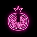 Neon garnet fruit with seeds icon isolated on black background. Summer, tropical, fresh juice concept for logo, banner