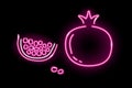 Neon garnet fruit and slice with seeds icons isolated on black background. Summer, health food, fresh juice concept for