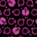 Neon garnet seamless pattern with pink fruits with seeds icons on black background. Summer, health food, fresh juice