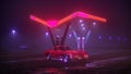 Neon gas station and retro car. Vintage cyberpunk auto. Fog rain and night. Color vibrant reflections on asphalt. 3D illustration