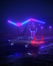 Neon gas station and retro car. Vintage cyberpunk auto. Fog rain and night. Color vibrant reflections on asphalt. 3D illustration