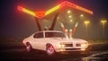 Neon gas station and retro car. Vintage cyberpunk auto. Fog rain and night. Color vibrant reflections on asphalt. 3D illustration