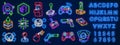 Neon Geek Games with gamepad. joystick icon. Game controller neon icon. Gaming industry concept. Night bright neon sign, colorful