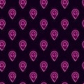 Neon geo location pin seamless pattern with pink icons on dark background. Navigation, destination point, gps, locate, map concept