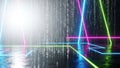 Neon Geometric Lines and Binary Code Rain on Wet Reflective Surface abstract background Royalty Free Stock Photo
