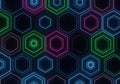 Neon geometric pattern featuring hexagons on a dark background. Royalty Free Stock Photo