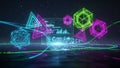 Neon Geometric Shapes and Data Display in a Digital Abstract Space technology Royalty Free Stock Photo