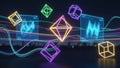 Neon Geometric Shapes and Data Visualizations Floating Above a Cityscape at Night abstract glowing Royalty Free Stock Photo