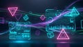 Neon geometric shapes and digital screens with glowing lines and data visualizations in a dark space Royalty Free Stock Photo