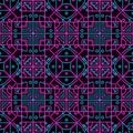Neon geometric vector seamless pattern with pink and blue elements on black background Royalty Free Stock Photo