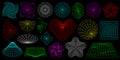 Neon geometry figures. Abstract 3D wireframe shapes, perspective grids and heart