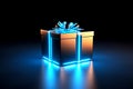 Neon gift boxes with bow on black background. Generative AI