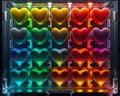 Neon glass hearts in boxes against black background Royalty Free Stock Photo