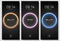 Neon Glow Circle Wallpapers Set for Smartphone with glassmorphism element. Vector smartphone screenlock template futuristic theme