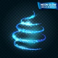 Neon Glow circles in motion blurred edges, magical glow tree, christmas design bright blue color. Abstract glowing ring speed of Royalty Free Stock Photo