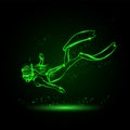 Neon glow diver girl linear silhouette in underwater space. Young girl snorkel underwater.