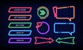 Neon glow game buttons. 3D web action light download banners for website design. Lighting borders. Dark modern frames