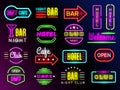 Neon glow hotel. Night advertising retro signboards new york or vegas style vintage frames club banners vector Royalty Free Stock Photo