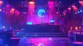 The neon glow of a nightclub interior complete with a DJ behind a stand with a mixer, loudspeakers, a disco ball hanging Royalty Free Stock Photo