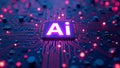 Neon glowing AI chip with thin circuit lines and semiconductor on futuristic tech background