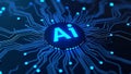 Neon glowing AI chip with thin circuit lines and semiconductor on futuristic tech background