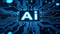 Neon glowing AI chip with thin circuit lines and semiconductor on futuristic tech background