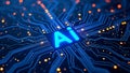 Neon glowing AI chip with thin circuit lines on tech background featuring semiconductor technology