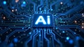Neon glowing AI chip with thin circuit lines on tech background featuring semiconductor technology