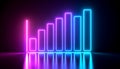 Neon glowing bar chart with pink and blue light reflecting on black surface showing increasing data trend Royalty Free Stock Photo