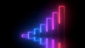 Neon glowing bar graph with blue purple and red colors reflecting on black surface showing increasing data trend visually Royalty Free Stock Photo