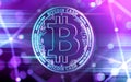 Neon glowing Bitcoin Cash BCC coin in Ultra Violet colors with cryptocurrency blockchain nodes in blurry background. 3D renderin Royalty Free Stock Photo