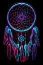 Neon glowing black dreamcatcher on a dark background