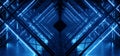 Neon Glowing Blue Vibrant Sci Fi Futuristic Stage Podium Construction Metal Triangle Concrete Grunge Reflective Dark Night Virtual