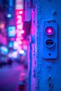 Neon Glowing Button on Textured Blue Wall with Blurry Urban Night Cityscape Background Royalty Free Stock Photo
