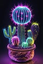 Neon glowing cacti in a decorative pot against a dark background Royalty Free Stock Photo