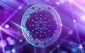 Neon glowing Cardano ADA in Ultra Violet colors with cryptocurrency blockchain nodes in blurry background. 3D rendering