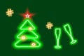 2 Neon glowing Christmas tree and wine glasses with hashtags. Concept for icons, search, greetings Royalty Free Stock Photo