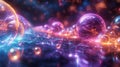 Neon glowing clear bubbles in dreamlike space 3d rendering image, ai generated
