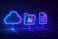 Neon glowing cloud, AI folder, and document icons connected on a digital grid artificial intelligence Royalty Free Stock Photo