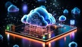 Neon Glowing Cloud Computing Concept with Cloud Icon and Technology Symbols on Dark Background Representation of Online Data Royalty Free Stock Photo