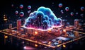 Neon Glowing Cloud Computing Concept with Cloud Icon and Technology Symbols on Dark Background, Representation of Online Data Royalty Free Stock Photo