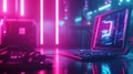 Neon glowing cyberpunk computer setup displaying digital code Royalty Free Stock Photo