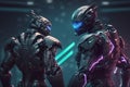 Neon Glowing Cyborgs in a Futuristic Battle Scene with Ruins and Destruction