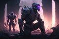 Neon Glowing Cyborgs in a Futuristic Battle Scene with Ruins and Destruction